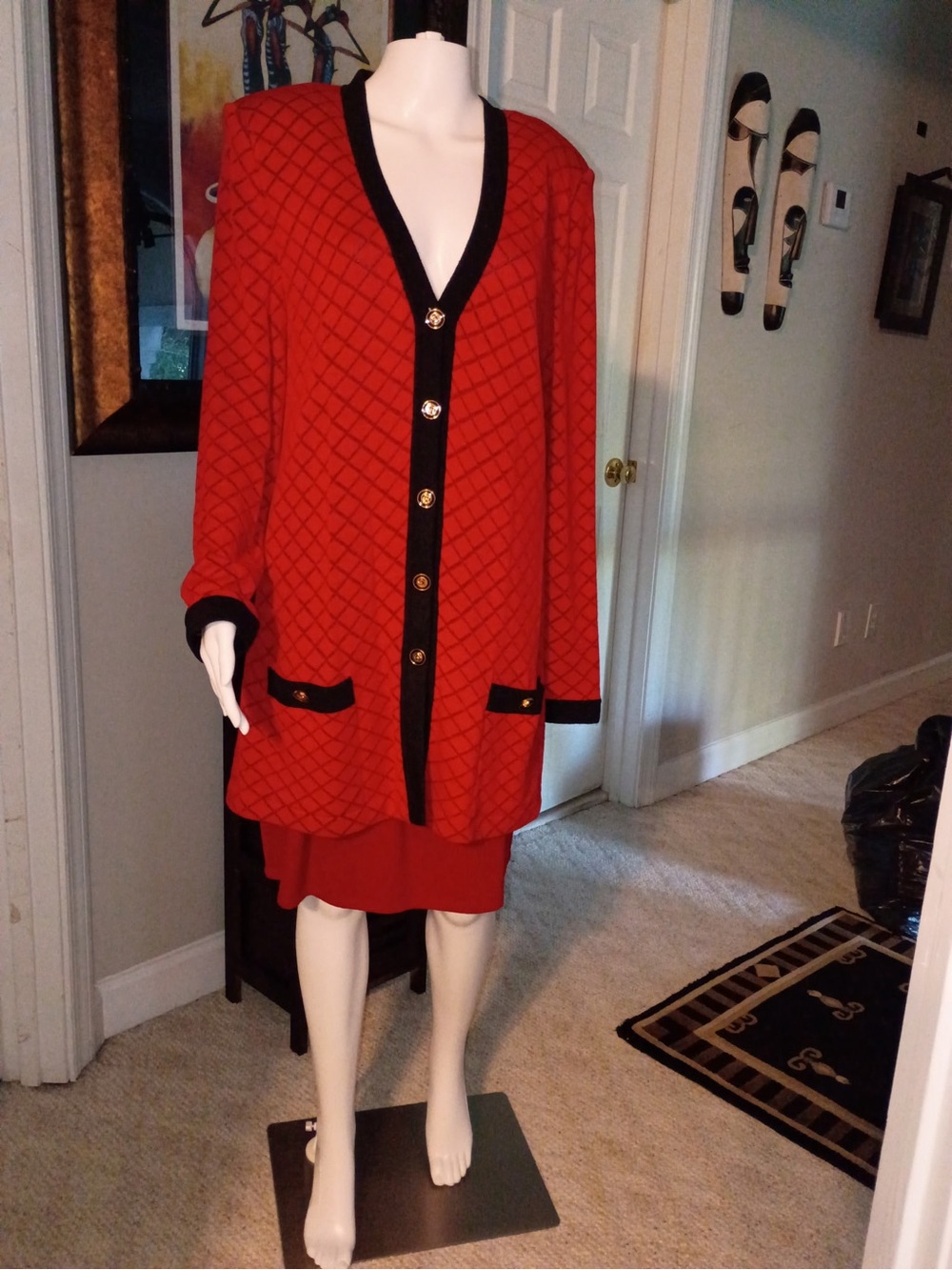 St. John Red Quilted Knit Jacket and Skirt with Black Trim